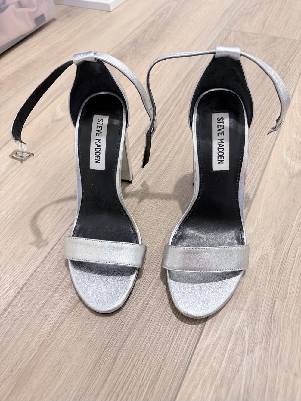 Steve Madden Silver Open-Toe Ankle-Strap Block Heels